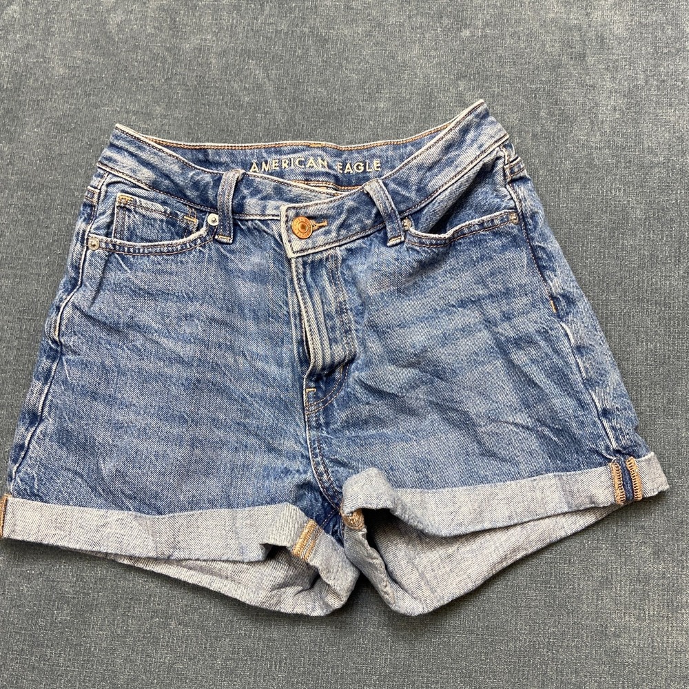 American Eagle Outfitters Denim Shorts Womens 00 Blue Cotton Mid Rise Cuffed Hem - Picture 1 of 16